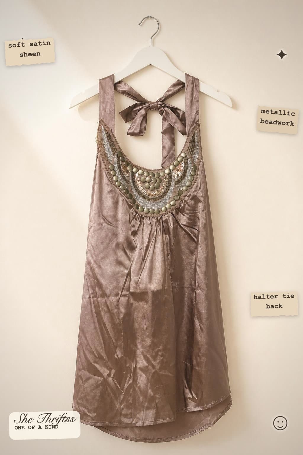 Beaded satin halter top
