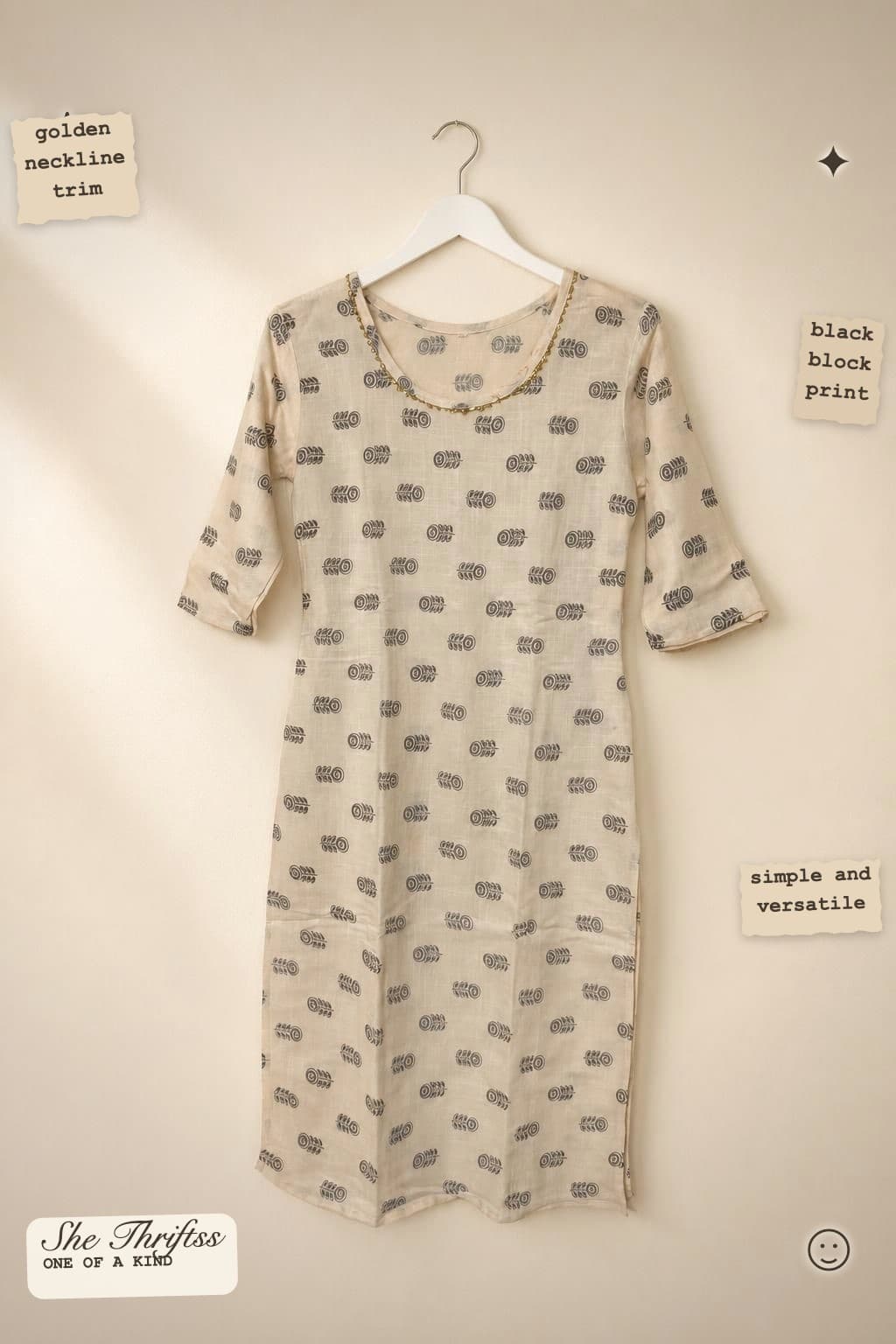 Beige block print kurta