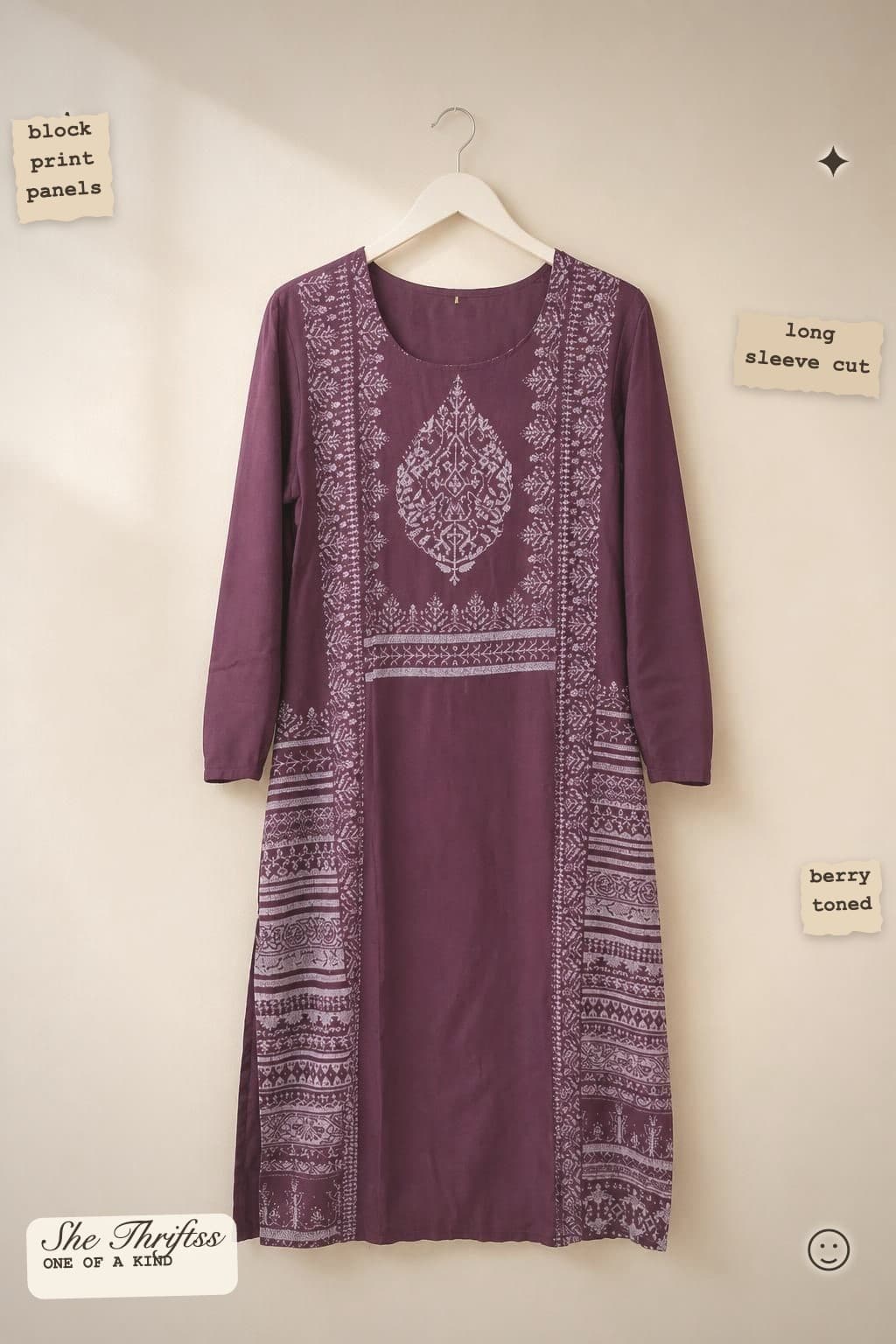berry long kurta with block print