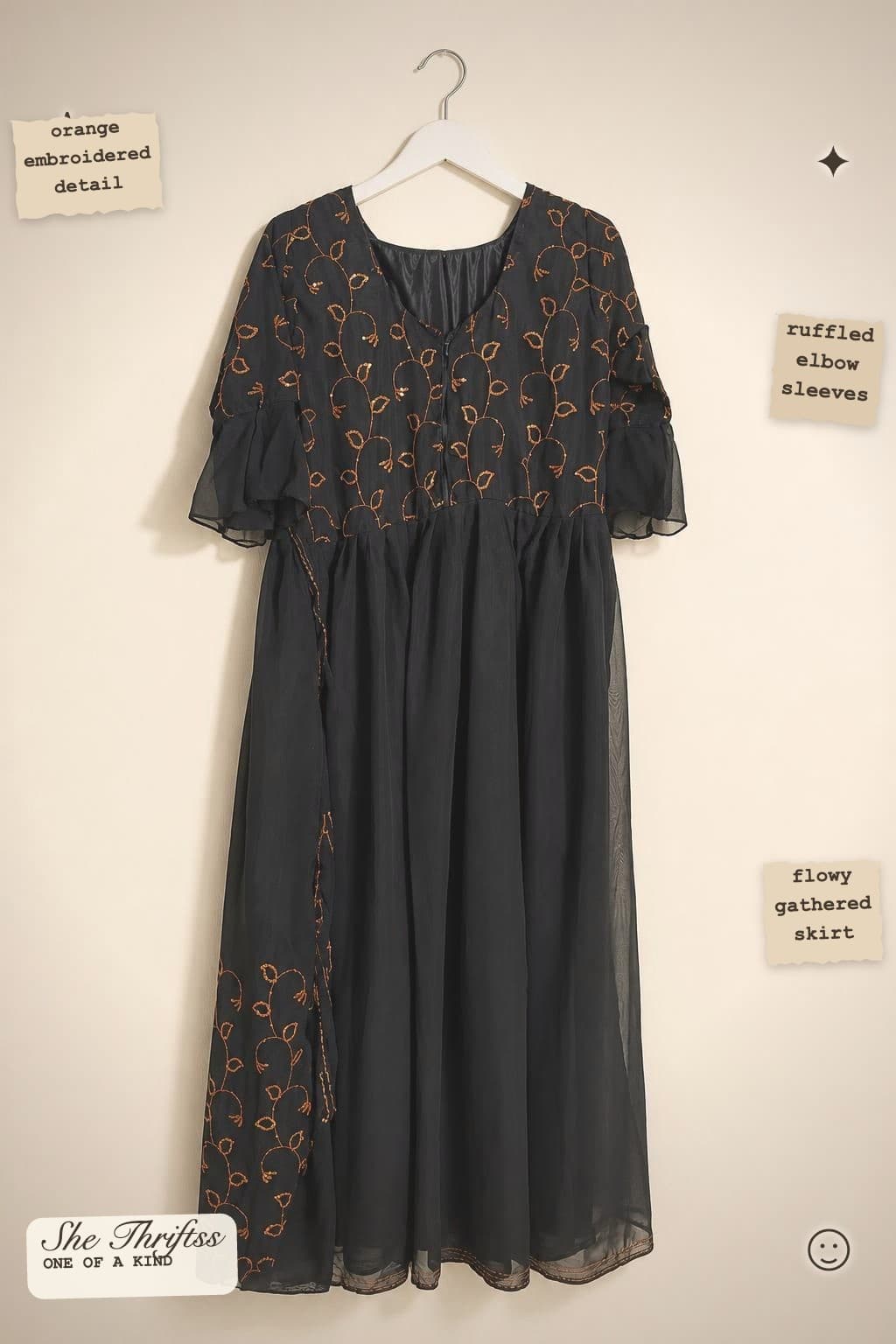 Black embroidered midi dress