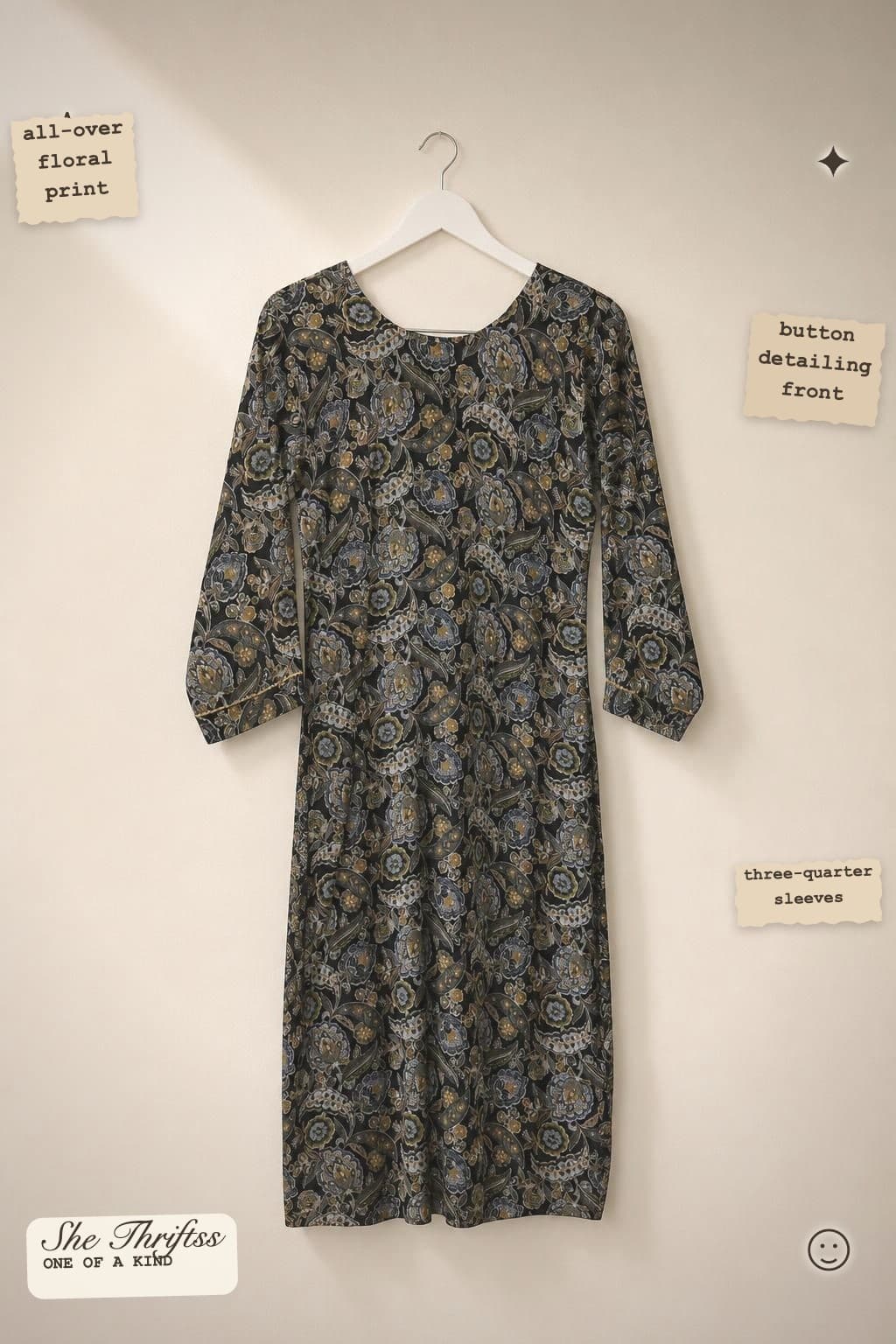 Black floral button kurta