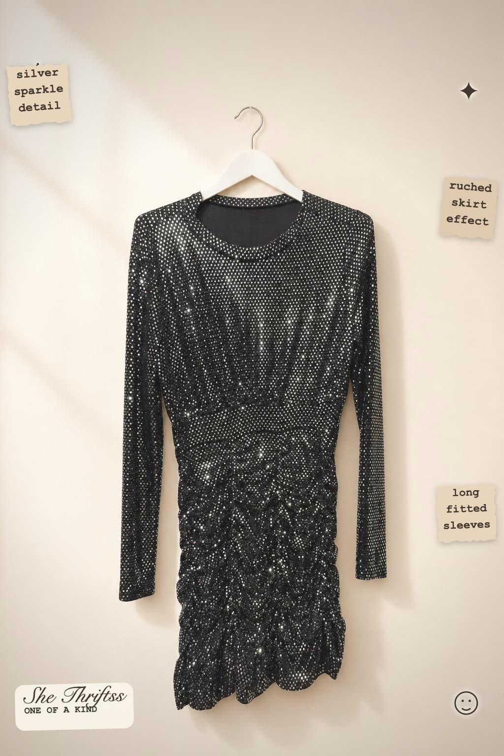 Black sequin ruched dress