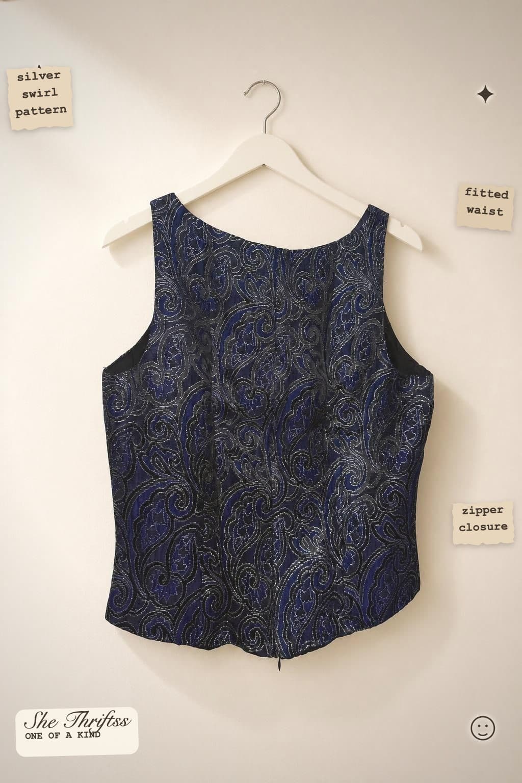 Blue brocade sleeveless top