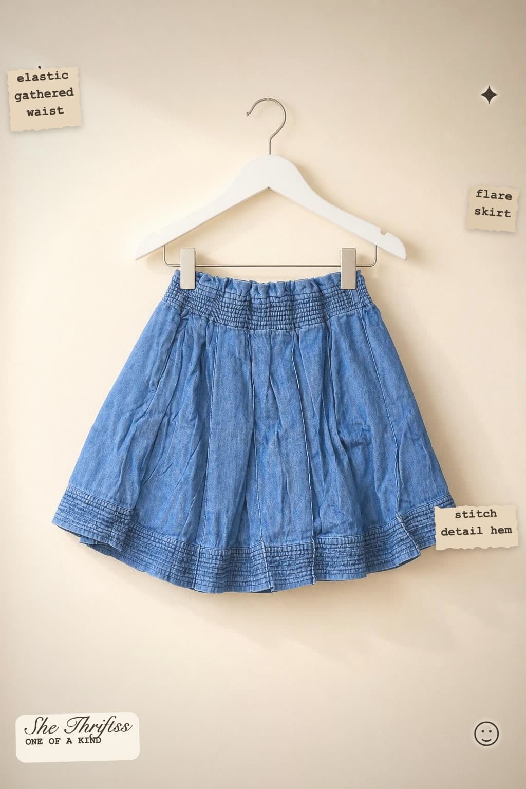 Blue denim gathered skirt