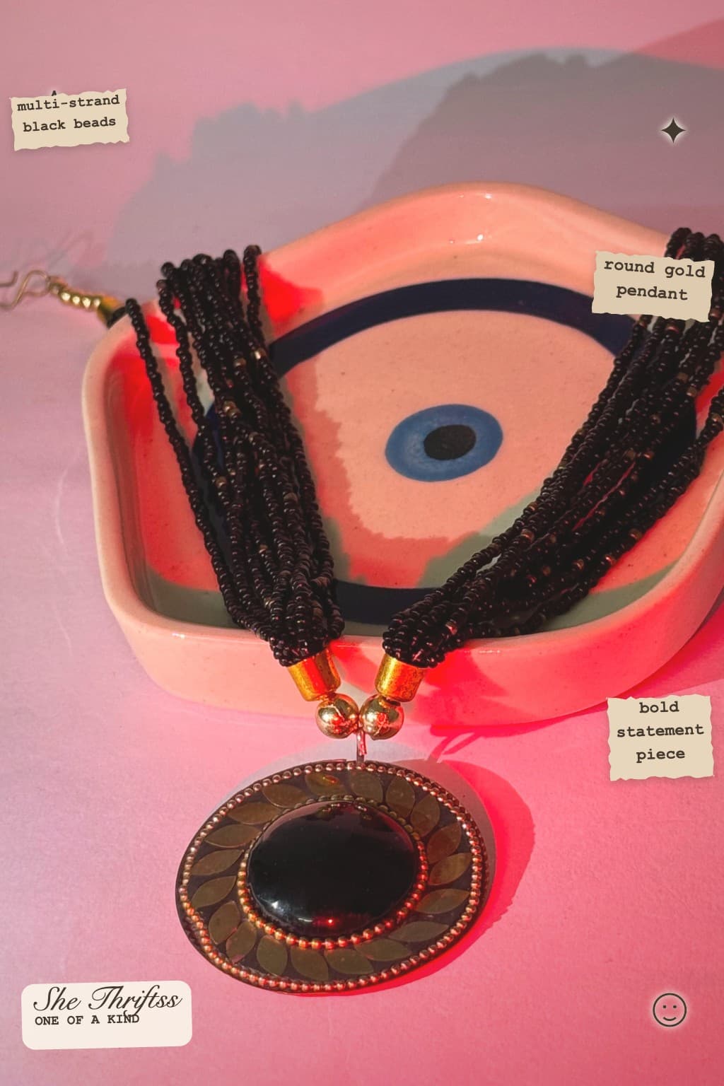 Desi Black Beaded Pendant Necklace