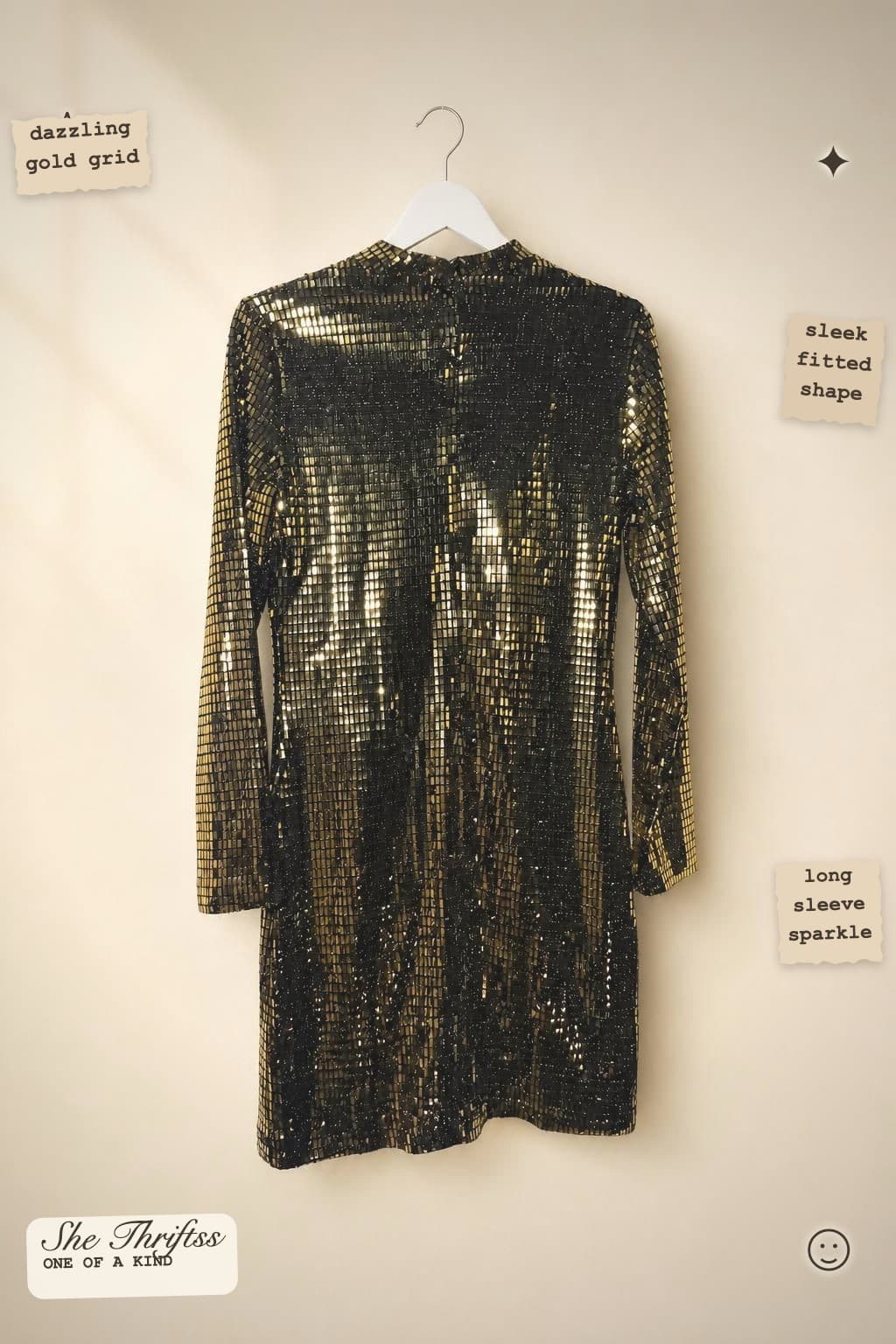 Gold and black grid sequin dress