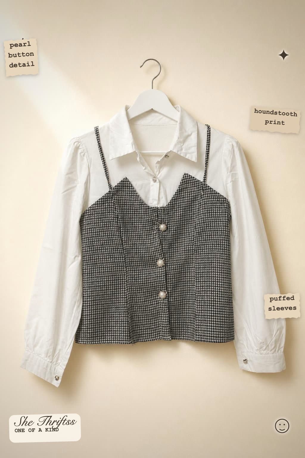 Pearl button houndstooth blouse combo