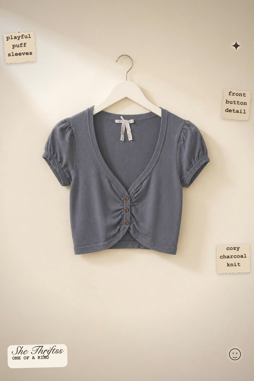 Puff-sleeve cropped knit top