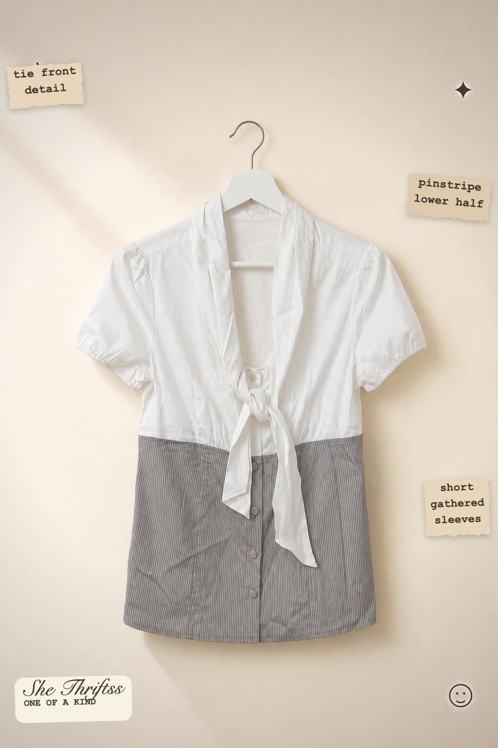 White and grey tie front blouse