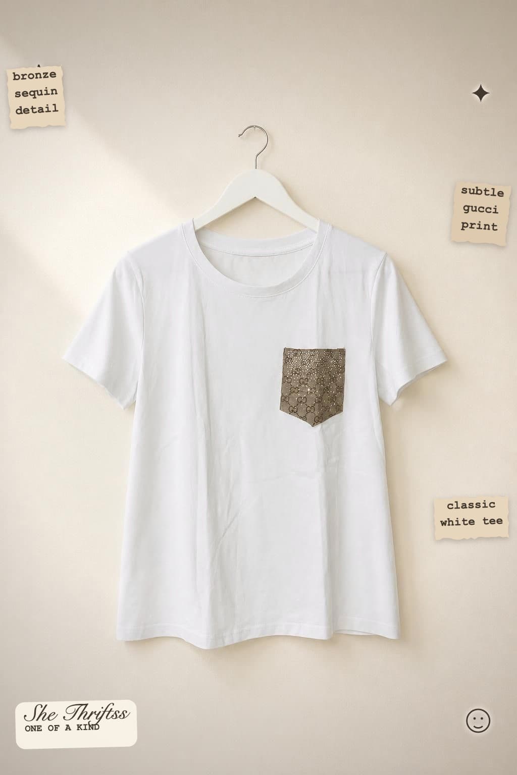 White tee GUCCI Dupe with sequin pocket